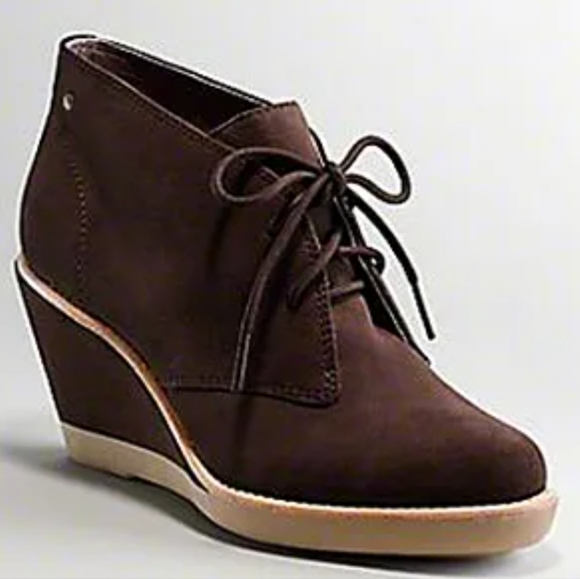 Coach Cassy Brown Leather Suede Wedge Ankle Laced Booties Sz 7 Academia Fall - Picture 1 of 9